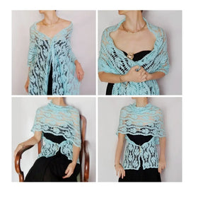Leaves Crochet Teal Scarf Womens-Turquoise Pashmina-Summer Wedding Gift Leaves Crochet Teal Scarf Womens-Turquoise Pashmina-Summer Wedding Gift